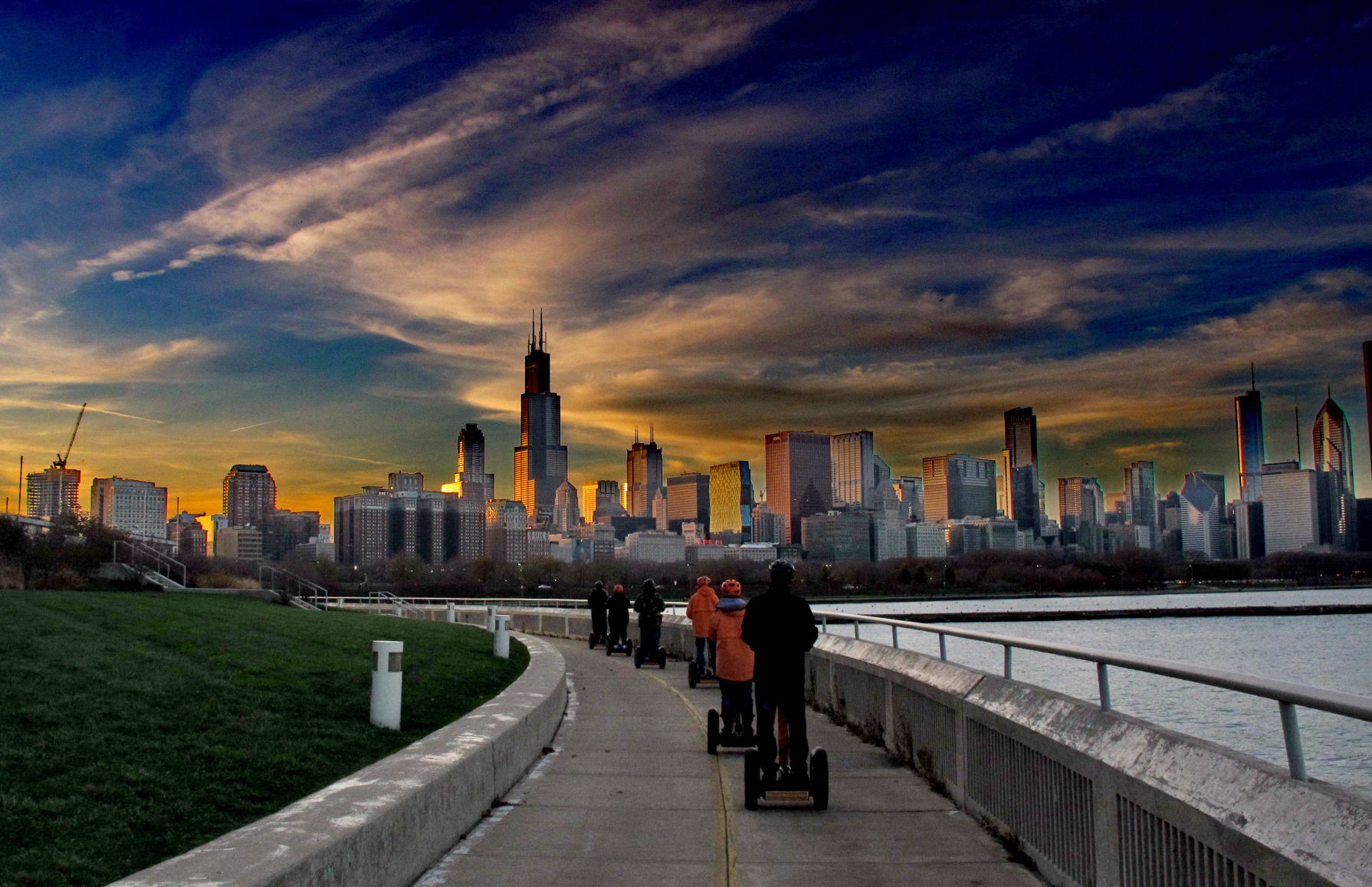 Segway Riders in Chicago at sunset